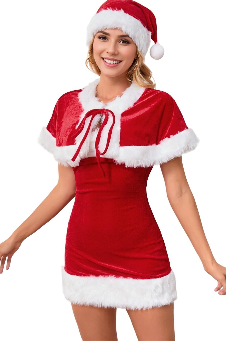 9804 Christmas Outfits with Cape Sexy Mini Dress 3pcs Christmas Outfits